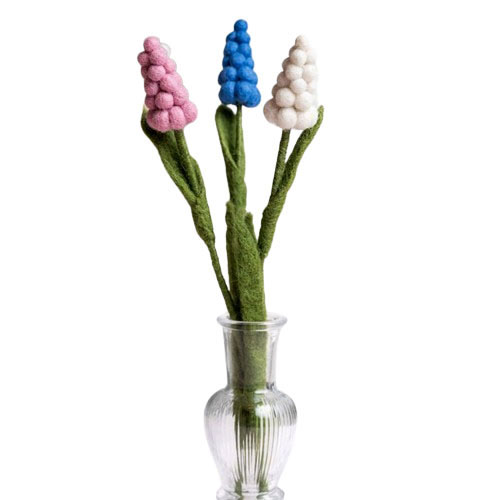 Bloemen Wolvilt - Druifjes/Muscari - Set 3 Stuks - Blauw/Wit/Roze - Handmade-Fairtrade - Homedeco - 25cm