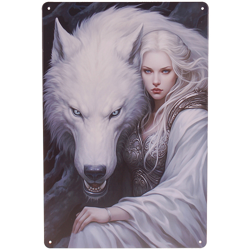 Metalen Plaatje - Witte Wolf met Mystique Dame in Gewaad - Fantasy - 20x30cm