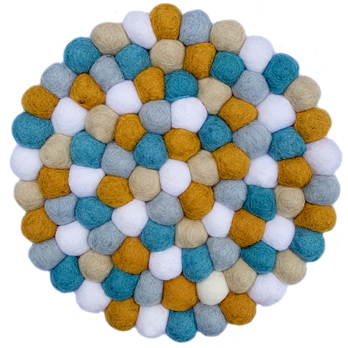 Vilten onderzetter van vilten bolletjes - wit, oranje/bruin, beige, blauw - 20cm