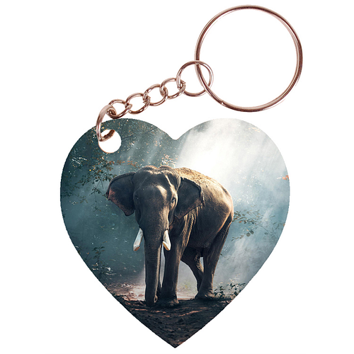 Sleutelhanger hartje 5x5cm - Olifant in Bos met Zonnestralen
