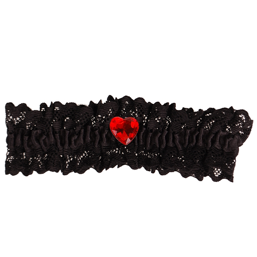 Kousenband zwart met kant en rood strass hartje