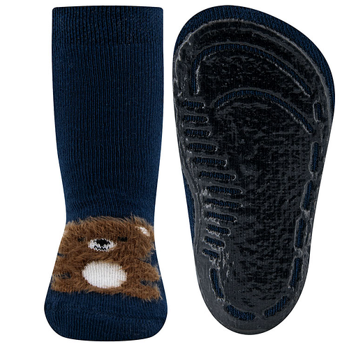 Antislipsokken Ewers Kindermaat - Middenblauw met Fluffy Teddybeertje Bruin - Siliconenzool