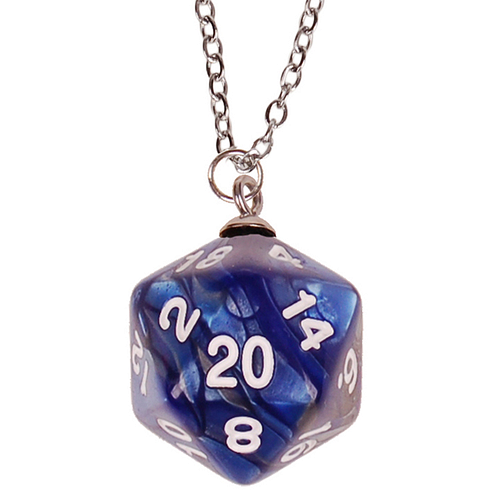Kinderketting Zilverkleurig 45cm - Hanger DnD D20 dobbelsteen blauw/grijs 2,5cm