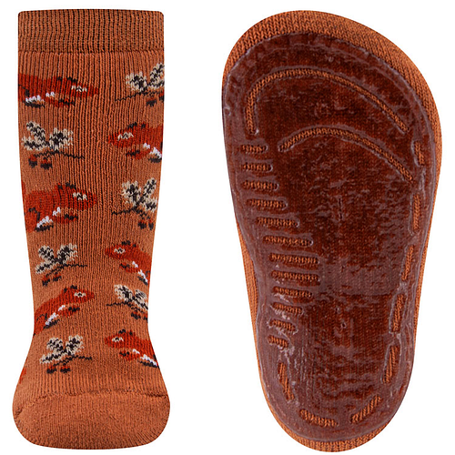 Antislipsokken Ewers Kindermaat - Oranje/Bruin met Eekhoorns Bladeren & Nootjes - Siliconenzool