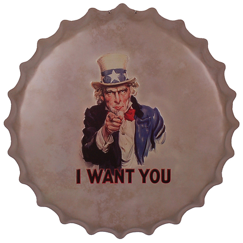 Bierdop/Kroonkurk Metaal - Uncle Sam - I Want You - 40cm