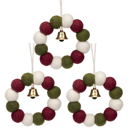 Hanger Vilt Kerst - Set 3-Delig - Holly Berry Kransje Balletjes Small & Belletje - Rood/Groen/Wit - 9cm - Handgemaakt & Fairtrade