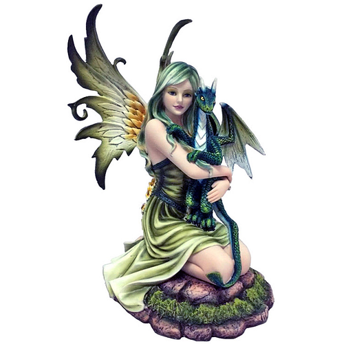 Beeldje Fantasy Boself - Knielend met Draakje - Groen - Medium - Polyresin - 23x13x11cm