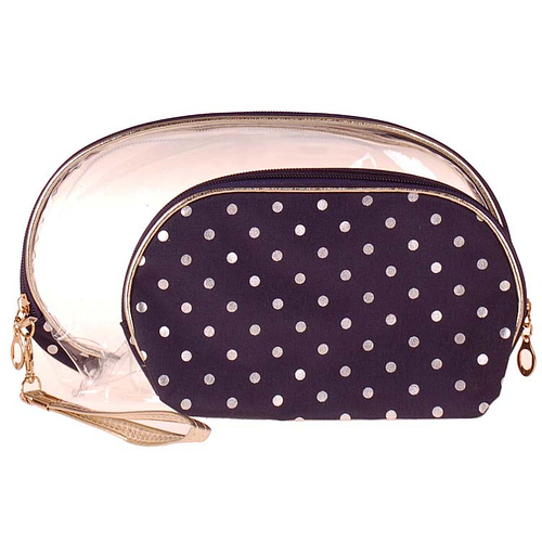 Toilettas Set Donkerblauw - Transparant & Stof - Dots Zilverkleurig - Rits & Handgreep - 21x13x2.5cm/26x16x6cm