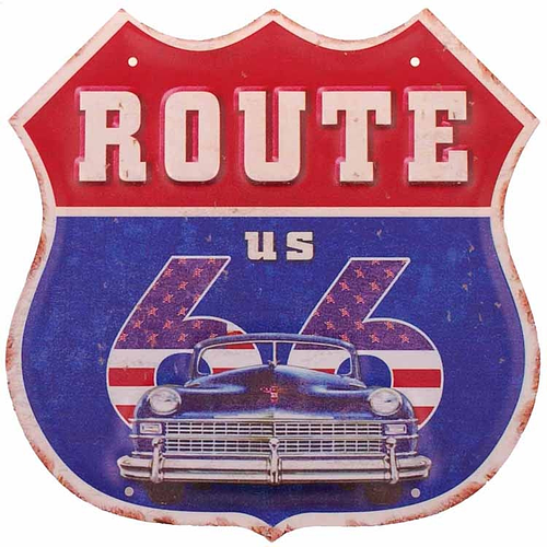  Metalen schild - Route 66, Blauw/rood, blauwe auto 