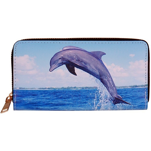 Portemonnee met dolfijn die uit water springt bij strand - 19,5x10cm