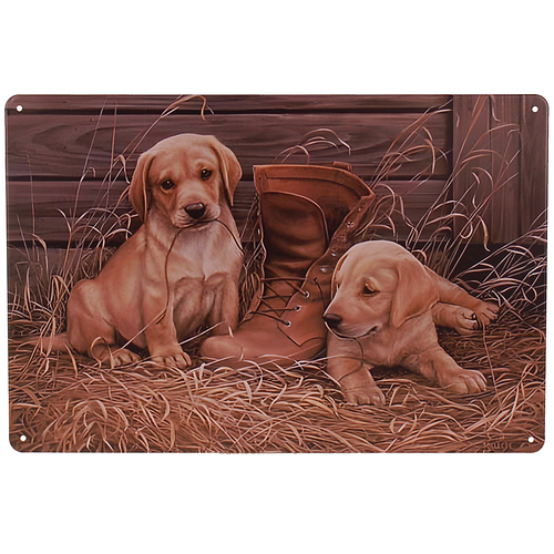 Metalen Plaatje - Labrador Puppys met Oude Schoen - 20x30cm