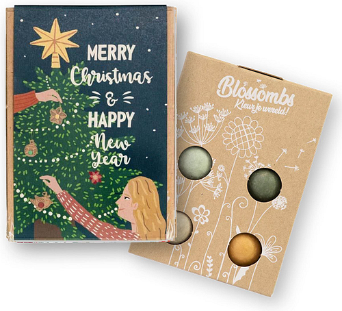 Blossombs Kerst - Merry Christmas & Happy New Year - Doosje met 4 Bloembommetjes - Geschenkverpakking - 100% Natuurlijk