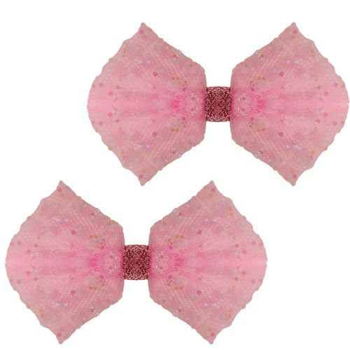 Haarclipjes met organza strikje met glitters roze - 7 cm 