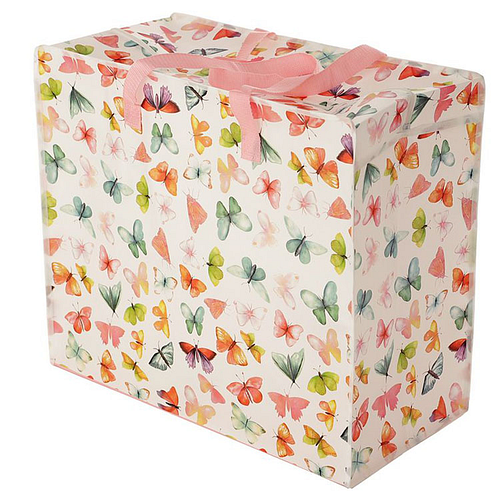 Grote Boodschappentas met rits met Gekleurde Vlinders - Wit - 48x55x28cm