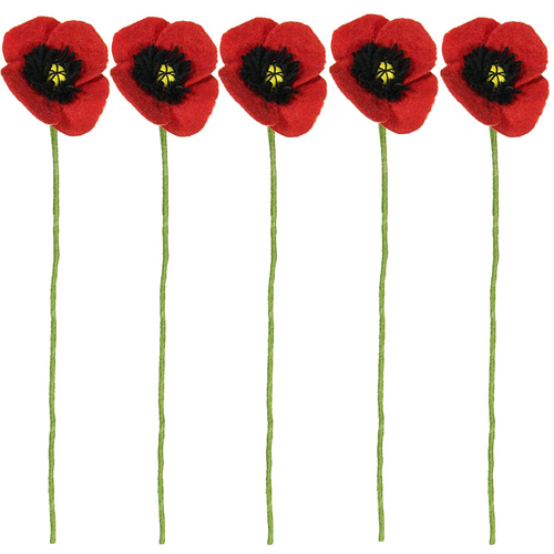 Vilt Bloemen - Klaprozen Rood Poppy  - Set 5 stuks - 40cm - Fairtrade Homedecoratie