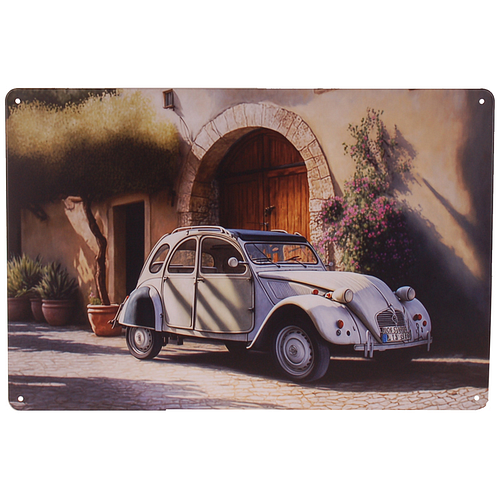 Metalen Plaatje - Retro Franse Auto in Oud Straatje - 20x30cm