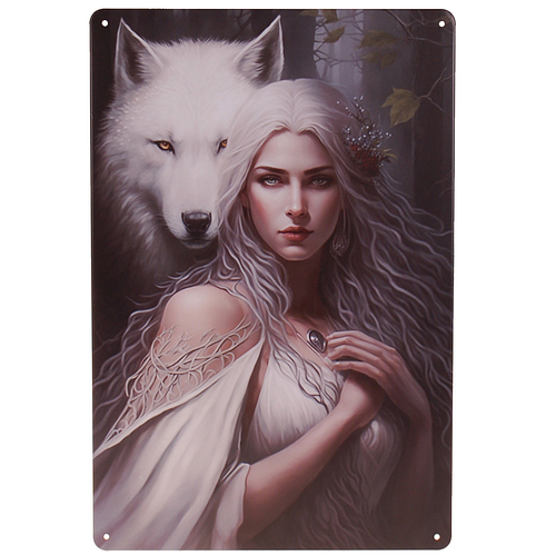 Metalen Plaatje - Mystique Dame met Witte Wolf in Bos - Fantasy - 20x30cm