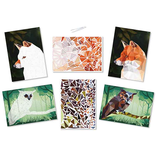 Knutselset - Bosdieren Vos & Uil - 2 Kaarten - Stickers Plakken op Nummer - Stickermozaiek - A4 Formaat