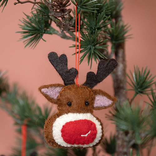 Hanger Vilt Kerst - Rudolph Hoofd - Bruin/Rood/Wit - 8cm - Handgemaakt & Fairtrade