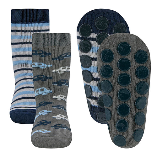 Antislipsokken Ewers - Set 2-Pack -Grijs/Blauw met Autos & Strepen - Elastisch - Noppenzool