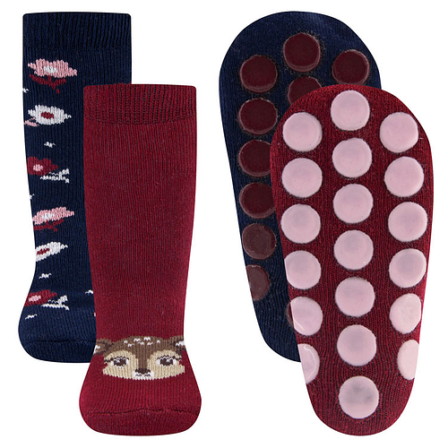 Antislipsokken Ewers Kindermaat - DUOPACK - Donkerblauw & Wijnrood met Hertje en Bloemen - Siliconen Noppen