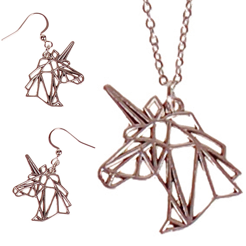 Set - Ketting 55cm RVS - Oorbellen Zilverkleurig - Hangertjes Eenhoorn Hoofd Geometrische Lijnen 