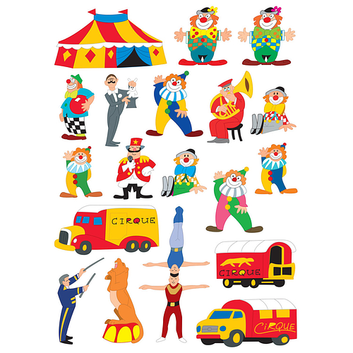 Stickers - Circus - Tent/Clown/Dompteur/Acrobaat - Scrapbook Hobby DIY - 2 Stickervellen - 3-8.5cm - 38 Stuks