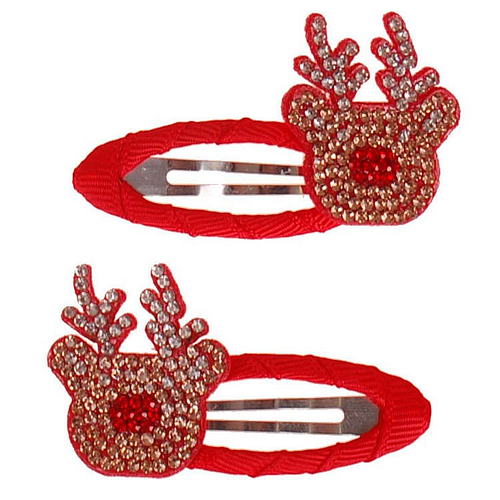 Kerst Haarclipjes - Set - Glittersteentjes Rudolf Rendier Hoofdje en Rode Neus - 5,5cm