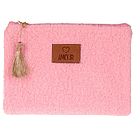 Toilettasje / Etui - Fluffy Sheep - Roze met Label "AMOUR" - Ritssluiting & Goudkleurig Kwastje - 20x15cm