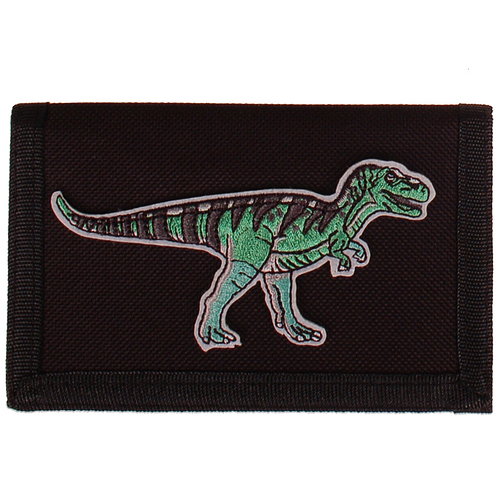 Zwarte klittenbandportemonnee 12x9cm - Applicatie dinosaurus Velociraptor groen 11,5cm