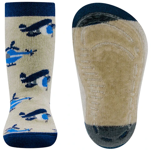 Antislipsok Ewers Blauwe Helikopters en Dubbeldekker Vliegtuig - Beige met Donkerblauw