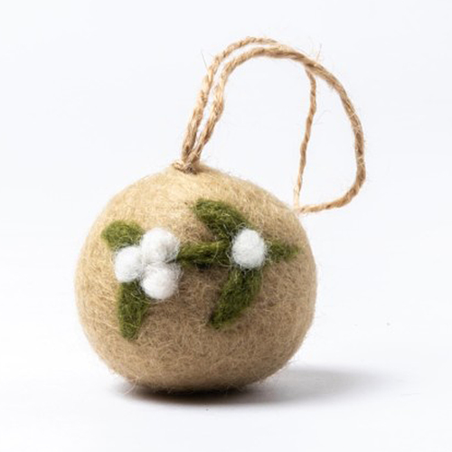 Kerstbal Vilt - Mistletoe Small - Beige/Groen/Wit - 5cm - Rond - Fairtrade