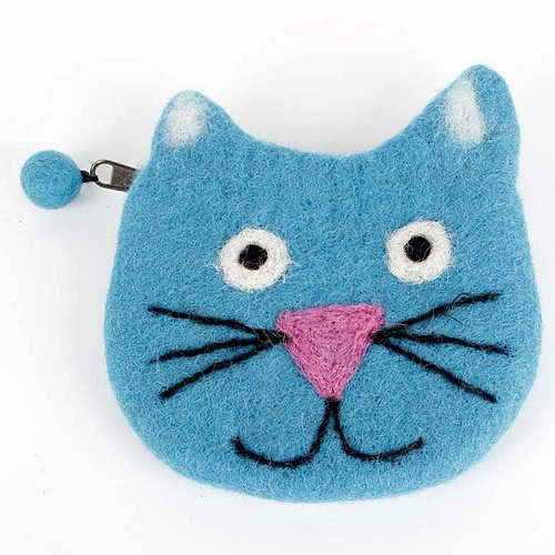 Vilten portemonnee kattenkop Turqoise - 10x13cm