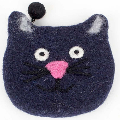 Vilten portemonnee kattenkop donkerblauw - 10x13cm