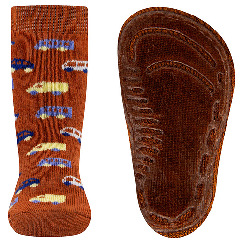 Antislipsokken Ewers Kindermaat - Oranjebruin met Bussen & Vrachtauto Creme & Geel & Blauw - Siliconenzool