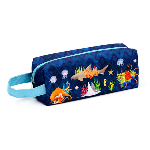 Etui/Pennenzak - Marine Kingdom - Onderwater&Zeeleven - Blauw/Handgreep/Rits - 7x20x6cm