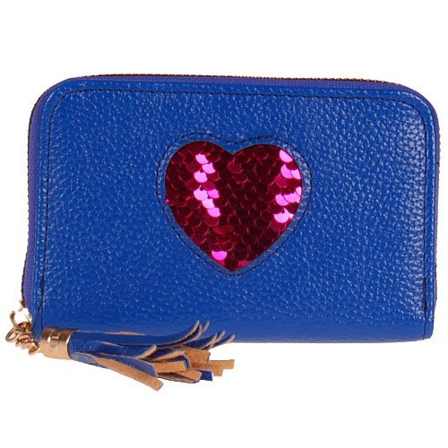 Donkerblauwe portemonnee met fuchsia hart van pailletten - 14x10cm