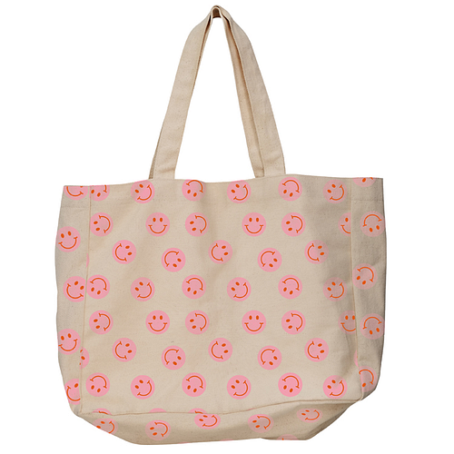 Grote tas - Roze Smileys - Biologisch Katoen - 48x14x42cm
