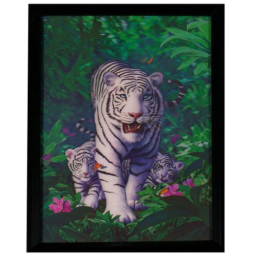 Poster 3D met Lijst - Witte Tijger met Welpen Jungle & Bloemen - 43x33cm