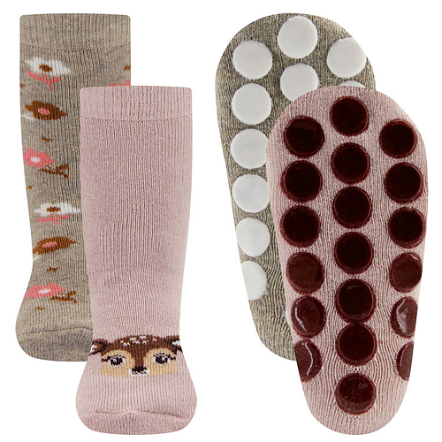 Antislipsokken Ewers Kindermaat - DUOPACK - Roze & Beige met Hertje en Bloemen - Siliconen Noppen