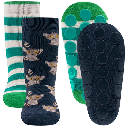 Antislipsok Ewers 2-Pack - Set 2 paar - Donkerblauw met Lemuur Aapje en Groen/Wit gestreept - Antislipnopjes