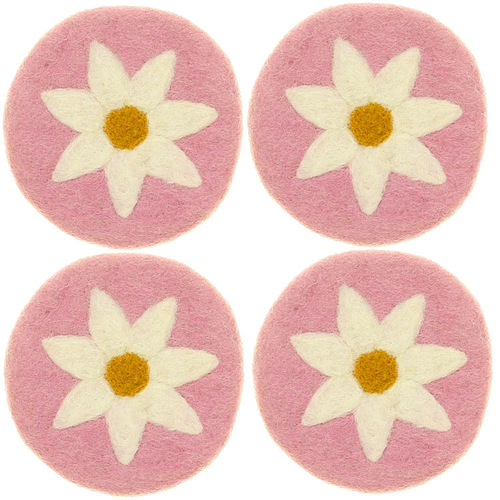 Vilten Onderzetters - Set 4 stuks - Roze met Witte Margriet - 10 cm - Fairtrade