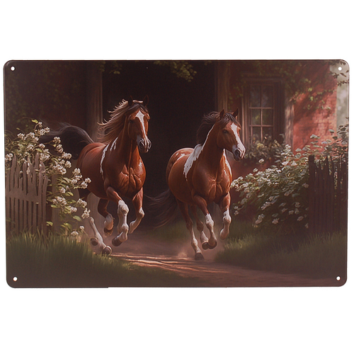 Metalen Plaatje - Paarden Galop Western Paints uit Stal - 20x30cm