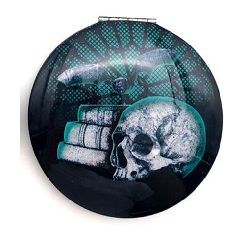 Spiegeltje Make-Up Compact Klep - Gothica Skull Nocturne Groen Zijde - 6.5x6.5x1cm