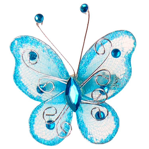 Haarklemmetje Aquablauwe Organza Vlinder met Steentjes en Glitters - 6x5cm