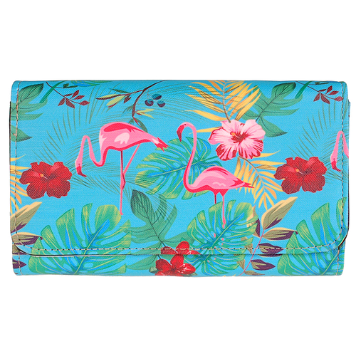 Dames Rits Portemonnee - Turquoise/Blauw - Flamingo met Tropische Bloemen en Planten - 18x11cm
