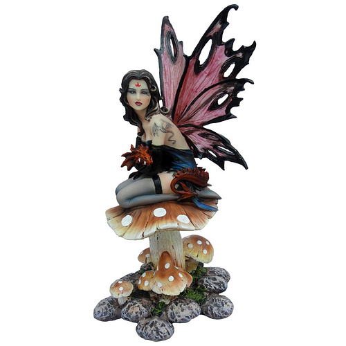 Beeldje Fantasy Elf - Knielend op Paddestoel met Rood Draakje & Drakentatoeage - Vlindervleugels - Medium - Polyresin - 26x13cm