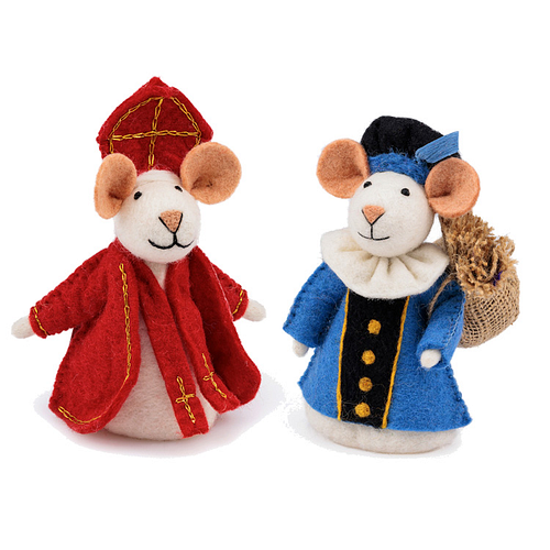 Vilten Sintermuis en  Piet Blauw met Jute Zak  -  18cm