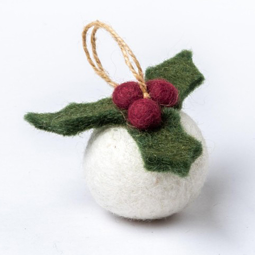 Kerstbal Vilt - Hulst / Holly Berry Small 3D - 5cm - Rond - Fairtrade
