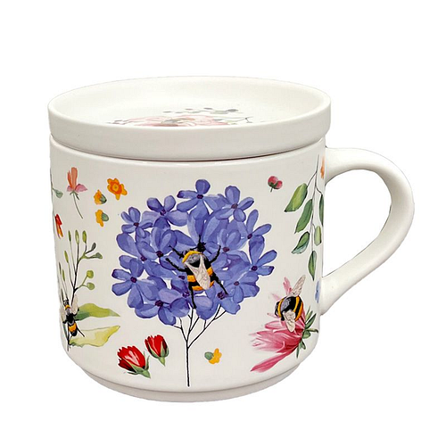 Beker/Mok & Onderzetter Deksel Set - Nectar Meadows - Veldbloemen & Bijen - Porselein - 300ml